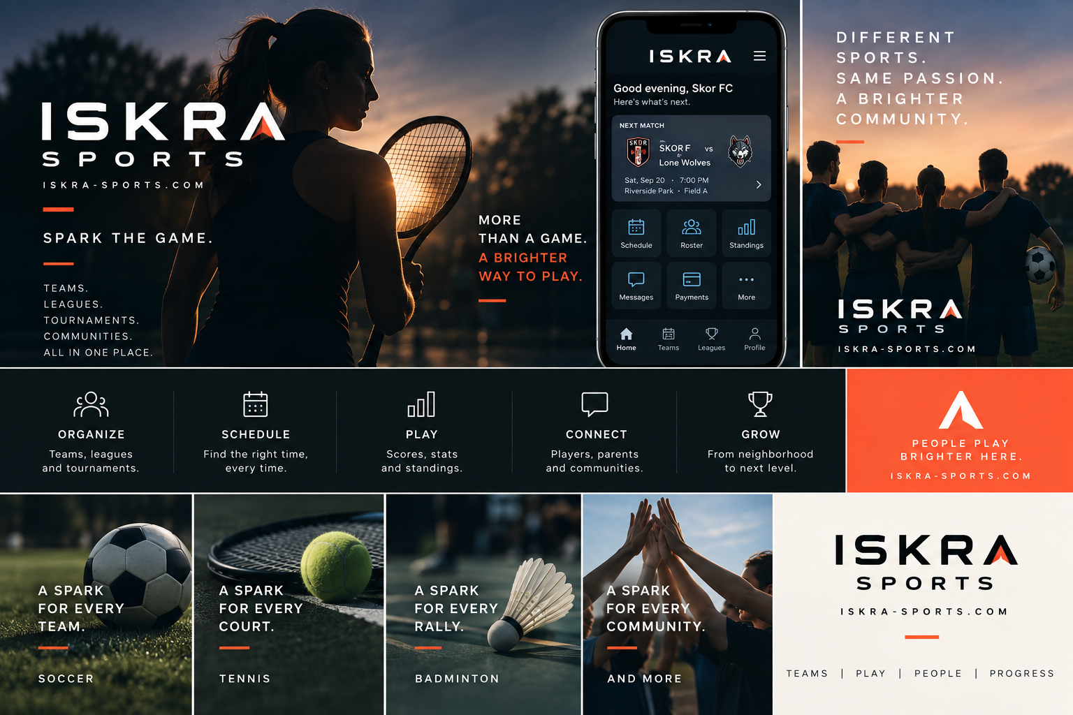 Iskra Sports brand concept with tennis, soccer, badminton, community, and mobile app imagery